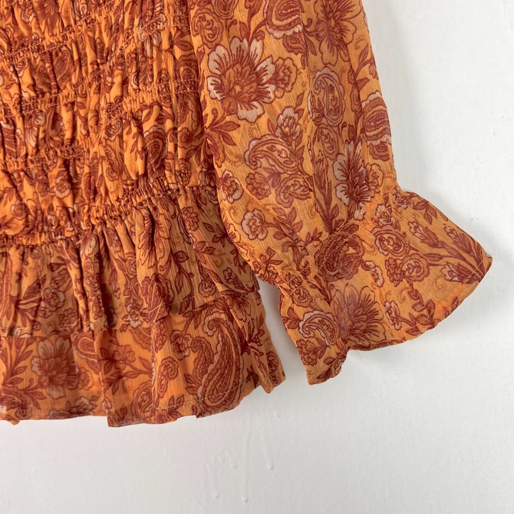 NWT Patrons of Peace Cropped Floral Smocked Ruffle Top Marigold Size Small S NEW - Picture 5 of 15